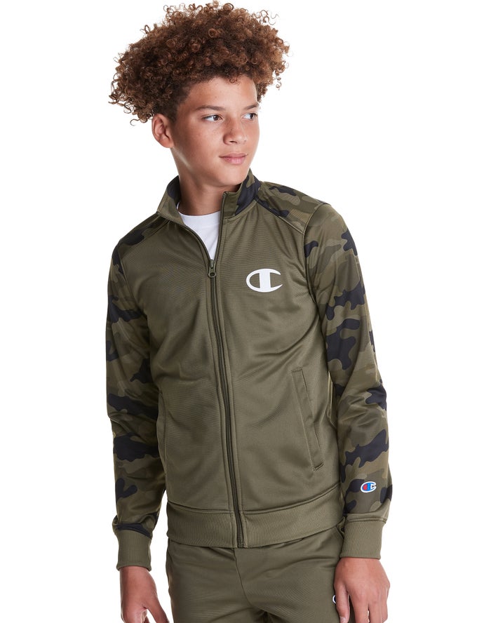 Champion Boys Jackets NZ - Camo Track C + Script Logo Olive ( 7194-WNCXD )